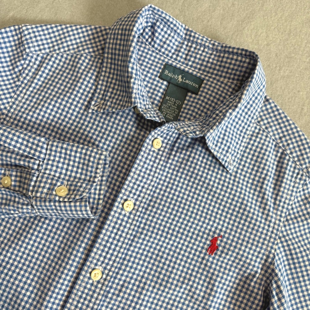 Ralph Lauren Blue Button Down Shirt Boys M 10-12 Gingham Long Sleeve Preppy